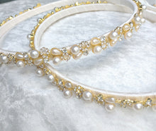 Load image into Gallery viewer, Greek Stefana Crowns, Orthodox Wedding Crowns, Pearl Rhinestone Stefana Silver & Gold Options