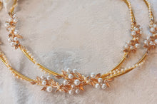 Load image into Gallery viewer, Gold Leaf Pearl Stefana Crowns, Greek Wedding Crowns, Orthodox Wedding Stefana