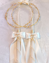 Load image into Gallery viewer, Pearl Stefana Crowns / Greek Wedding Lambathes / Gold Leaf Stefana / Orthodox Wedding Crowns and Candles / Stephana