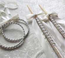 Load image into Gallery viewer, Greek Orthodox Stefana and Wedding Candle Set in White or Ivory with Silver Bling Accents