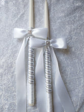 Load image into Gallery viewer, Greek Stefana and Wedding Candle Set in White and Silver, Greek Wedding Crowns and Lambathes