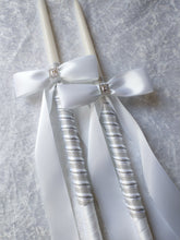 Load image into Gallery viewer, Greek Stefana and Wedding Candle Set in White and Silver, Greek Wedding Crowns and Lambathes