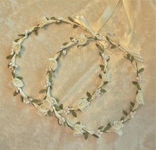 Load image into Gallery viewer, Calla Lily Stefana Lambathe Set, Orthodox Wedding Crowns, Ivory Greek Stefana, Wedding Candles