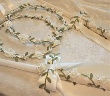 Load image into Gallery viewer, Calla Lily Stefana Lambathe Set, Orthodox Wedding Crowns, Ivory Greek Stefana, Wedding Candles