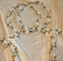 Load image into Gallery viewer, Calla Lily Stefana Lambathe Set, Orthodox Wedding Crowns, Ivory Greek Stefana, Wedding Candles