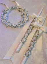 Load image into Gallery viewer, Pearl Stefana Lambathes Set, Orthodox Wedding Crowns, Greek Stefana, Greek Wedding Candles