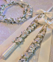 Load image into Gallery viewer, Pearl Stefana Lambathes Set, Orthodox Wedding Crowns, Greek Stefana, Greek Wedding Candles
