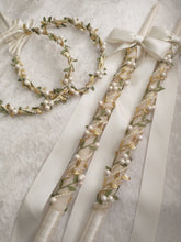 Load image into Gallery viewer, Pearl Stefana Lambathes Set, Orthodox Wedding Crowns, Greek Stefana, Greek Wedding Candles