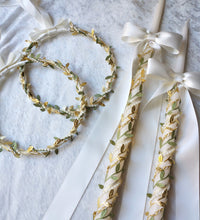 Load image into Gallery viewer, Gold Leaf Greek Stefana, Orthodox Wedding Crowns and Lambathes Set, Gold or Silver Olive Leaf Designs