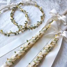 Load image into Gallery viewer, Gold Leaf Greek Stefana, Orthodox Wedding Crowns and Lambathes Set, Gold or Silver Olive Leaf Designs