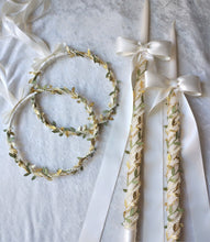 Load image into Gallery viewer, Gold Leaf Greek Stefana, Orthodox Wedding Crowns and Lambathes Set, Gold or Silver Olive Leaf Designs