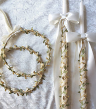 Load image into Gallery viewer, Olive Leaf Greek Stefana, Orthodox Wedding Crowns and Lambathes Set, Gold or Silver Leaf Designs