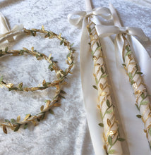 Load image into Gallery viewer, Olive Leaf Greek Stefana, Orthodox Wedding Crowns and Lambathes Set, Gold or Silver Leaf Designs