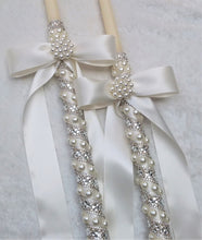 Load image into Gallery viewer, Crystal Stefana Lambathes Set, Orthodox Wedding Crowns, Greek Stefana, Rhinestone Stefana, Greece Wedding Crowns, 24" Lambades, White Stefana