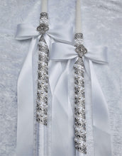 Load image into Gallery viewer, Crystal Stefana Lambathes Set, Orthodox Wedding Crowns, Greek Stefana, Rhinestone Stefana, Greece Wedding Crowns, 24" Lambades, White Stefana