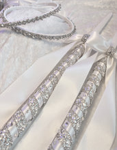 Load image into Gallery viewer, Stefana Lambathes Set, Orthodox Wedding Crowns, Greek Stefana, Crystal Rhinestone Stefana, Greece Wedding Crowns, 24" Lambades, White Stefana