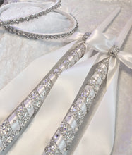 Load image into Gallery viewer, Stefana Lambathes Set, Orthodox Wedding Crowns, Greek Stefana, Crystal Rhinestone Stefana, Greece Wedding Crowns, 24" Lambades, White Stefana