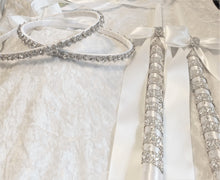 Load image into Gallery viewer, Stefana Lambathes Set, Orthodox Wedding Crowns, Greek Stefana, Crystal Rhinestone Stefana, Greece Wedding Crowns, 24" Lambades, White Stefana