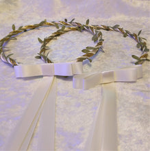 Load image into Gallery viewer, Olive Leaf Stefana Crowns, Greek Orthodox Stefana, Ivory Gold and Green Leaf Crowns