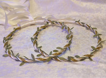 Load image into Gallery viewer, Olive Leaf Stefana Crowns, Greek Orthodox Stefana, Ivory Gold and Green Leaf Crowns