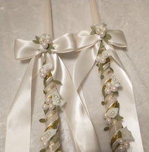 Load image into Gallery viewer, Calla Lily Stefana Lambathes Set, Orthodox Wedding Crowns, Greek Stefana, Olive Leaf Stefana, Greece Wedding Crowns, 24" Lambades, White Stefana