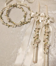 Load image into Gallery viewer, Calla Lily Stefana Lambathes Set, Orthodox Wedding Crowns, Greek Stefana, Olive Leaf Stefana, Greece Wedding Crowns, 24" Lambades, White Stefana