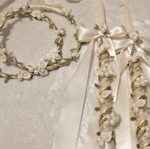 Load image into Gallery viewer, Calla Lily Stefana Lambathes Set, Orthodox Wedding Crowns, Greek Stefana, Olive Leaf Stefana, Greece Wedding Crowns, 24" Lambades, White Stefana