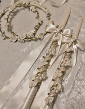 Load image into Gallery viewer, Calla Lily Stefana Lambathes Set, Orthodox Wedding Crowns, Greek Stefana, Olive Leaf Stefana, Greece Wedding Crowns, 24" Lambades, White Stefana