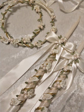 Load image into Gallery viewer, Calla Lily Stefana Lambathes Set, Orthodox Wedding Crowns, Greek Stefana, Olive Leaf Stefana, Greece Wedding Crowns, 24" Lambades, White Stefana