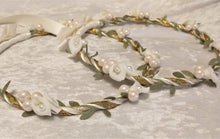 Load image into Gallery viewer, Calla Lily Stefana Lambathes Set, Orthodox Wedding Crowns, Greek Stefana, Olive Leaf Stefana, Greece Wedding Crowns, 24" Lambades, White Stefana
