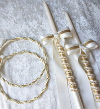 Load image into Gallery viewer, Ivory Gold Greek Stefana Lambathes Set, Orthodox Wedding Crowns and Candles