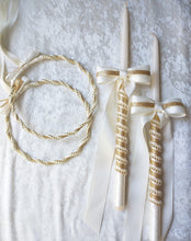 Load image into Gallery viewer, Ivory Gold Greek Stefana Lambathes Set, Orthodox Wedding Crowns and Candles