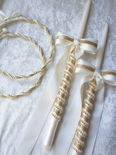 Load image into Gallery viewer, Ivory Gold Greek Stefana Lambathes Set, Orthodox Wedding Crowns and Candles