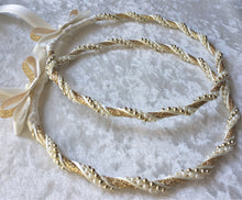 Load image into Gallery viewer, Ivory Gold Greek Stefana Lambathes Set, Orthodox Wedding Crowns and Candles