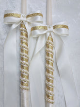 Load image into Gallery viewer, Ivory Gold Greek Stefana Lambathes Set, Orthodox Wedding Crowns and Candles