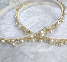 Load image into Gallery viewer, Greek Stefana Crowns, Orthodox Wedding Crowns, Pearl Rhinestone Stefana Silver &amp; Gold Options
