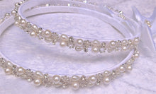 Load image into Gallery viewer, Greek Stefana Crowns, Orthodox Wedding Crowns, Pearl Rhinestone Stefana Silver &amp; Gold Options
