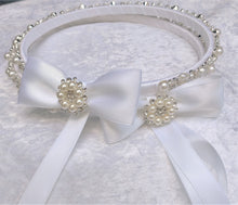 Load image into Gallery viewer, Greek Stefana Crowns, Orthodox Wedding Crowns, Pearl Rhinestone Stefana Silver &amp; Gold Options
