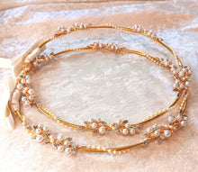 Load image into Gallery viewer, Gold Leaf Pearl Stefana Crowns, Greek Wedding Crowns, Orthodox Wedding Stefana
