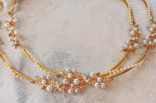 Load image into Gallery viewer, Gold Leaf Pearl Stefana Crowns, Greek Wedding Crowns, Orthodox Wedding Stefana

