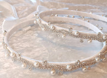 Load image into Gallery viewer, Stefana White Silver, Pearl Rhinestone Greek Crowns, Greece Tiara, Greek Orthodox Wedding Crowns, Στεφανα, Stephana
