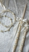 Load and play video in Gallery viewer, Ivory Calla Lily Stefana Crown Wedding Lambathes Greek Orthodox Wedding Candle Set
