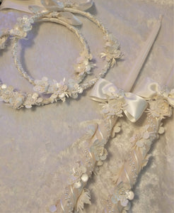 Greek Stefana Candle Set, Ivory Floral Wedding Lambathes, Orthodox Wedding Crowns, Greece Wedding Lambades