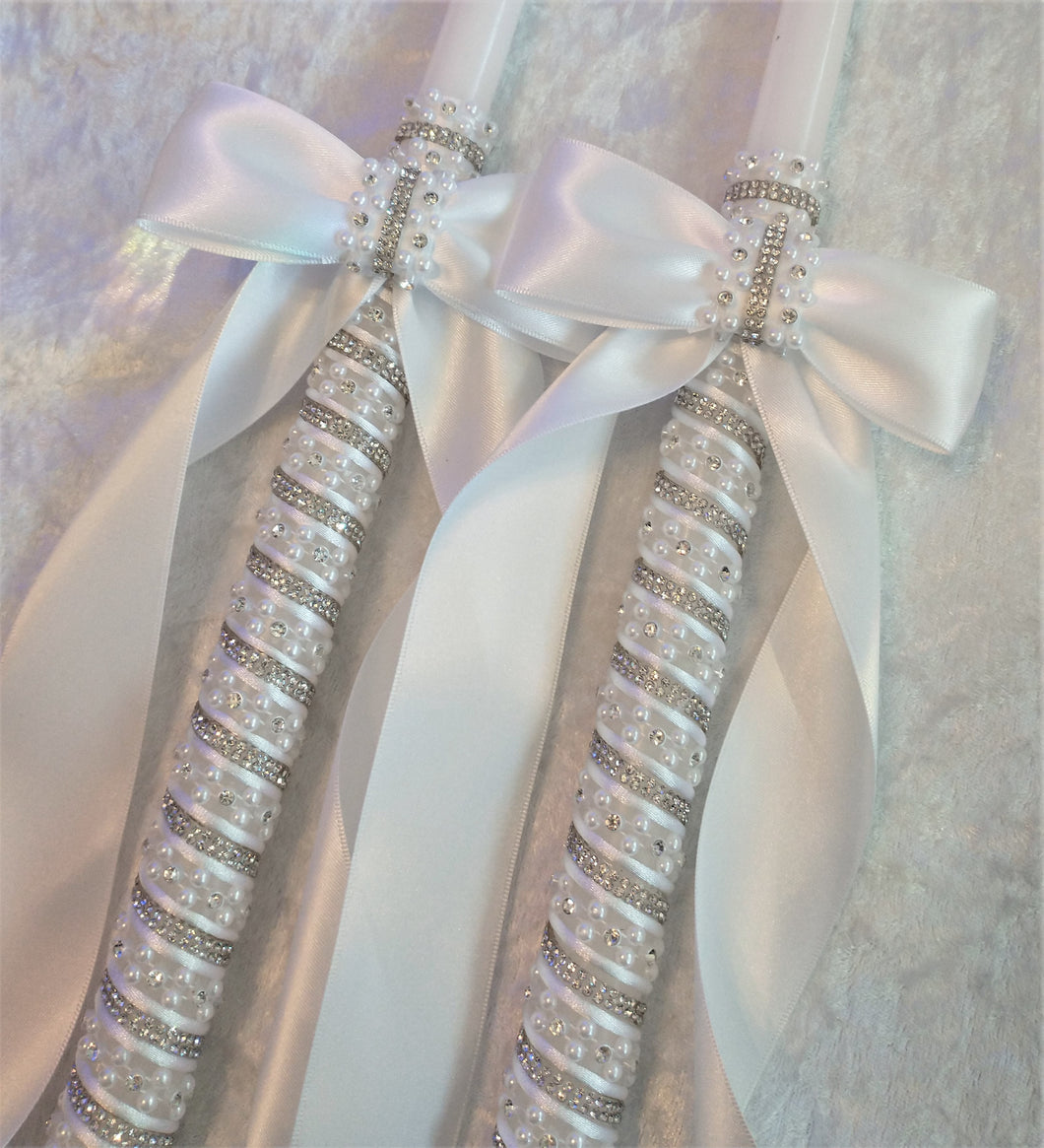 Greek Lambathes Wedding Candles - White Pearl Rhinestone Wedding Candles - Lambades Wedding