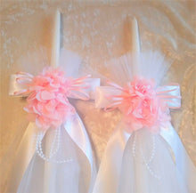 Load image into Gallery viewer, Greek Orthodox Baptism Lambades - Baptismal Set - Tulle Baptism Candles - Pink Baptism Candles
