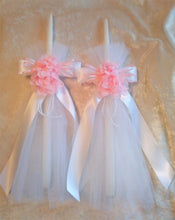 Load image into Gallery viewer, Greek Orthodox Baptism Lambades - Baptismal Set - Tulle Baptism Candles - Pink Baptism Candles
