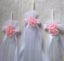 Load image into Gallery viewer, Greek Orthodox Baptism Lambades - Baptismal Set - Tulle Baptism Candles - Pink Baptism Candles
