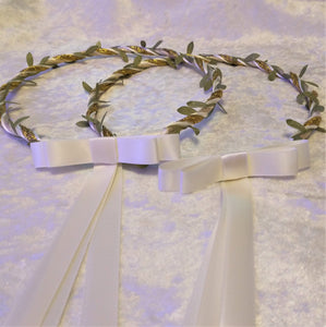 Olive Leaf Stefana Crowns, Greek Orthodox Stefana, Ivory Gold and Green Leaf Crowns